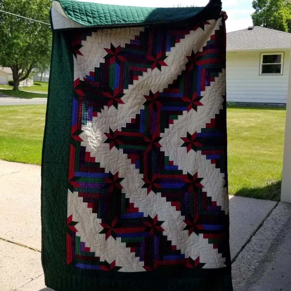 Homemade hand quilted Log Cabin Star Quilt King cal. King  Patchwork Bedspread